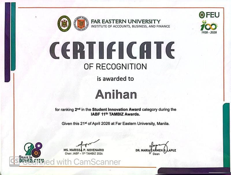 Certificate of Recognition awarded to Anihan for ranking 2nd in the Student Innovation Award category