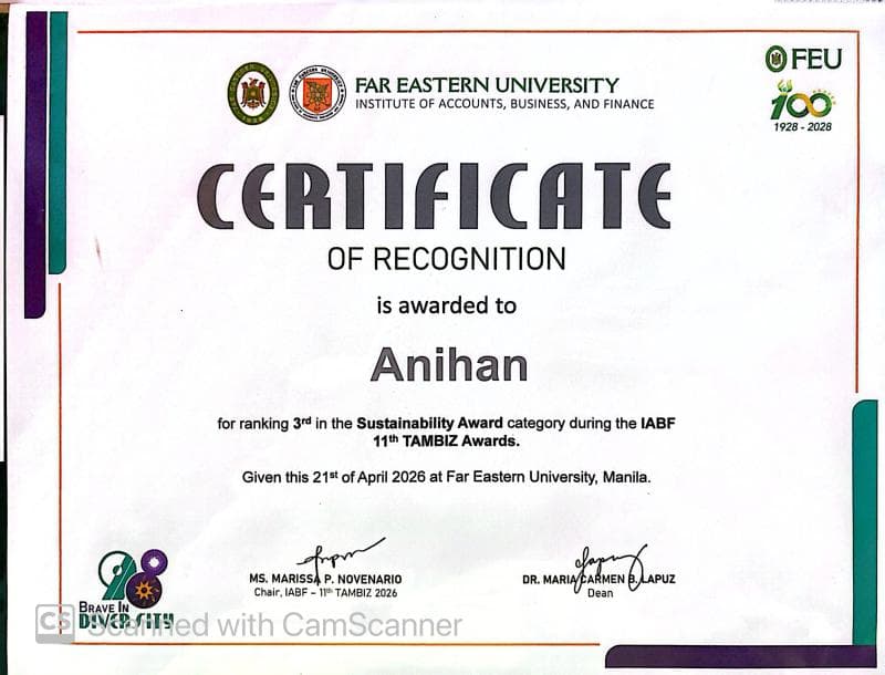 Certificate of Recognition awarded to Anihan for ranking 3rd in the Sustainability Award category