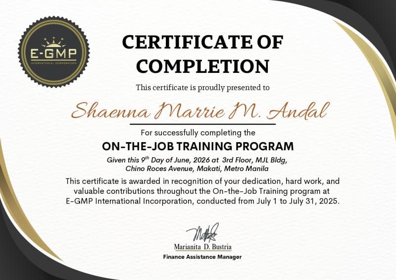 E-GMP International Corporation Certificate of Completion for Shaenna Marrie M. Andal’s On-the-Job Training Program