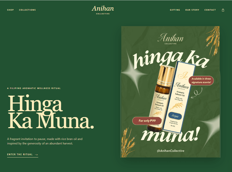 ANIHAN Collective home page with Hinga Ka Muna product presentation